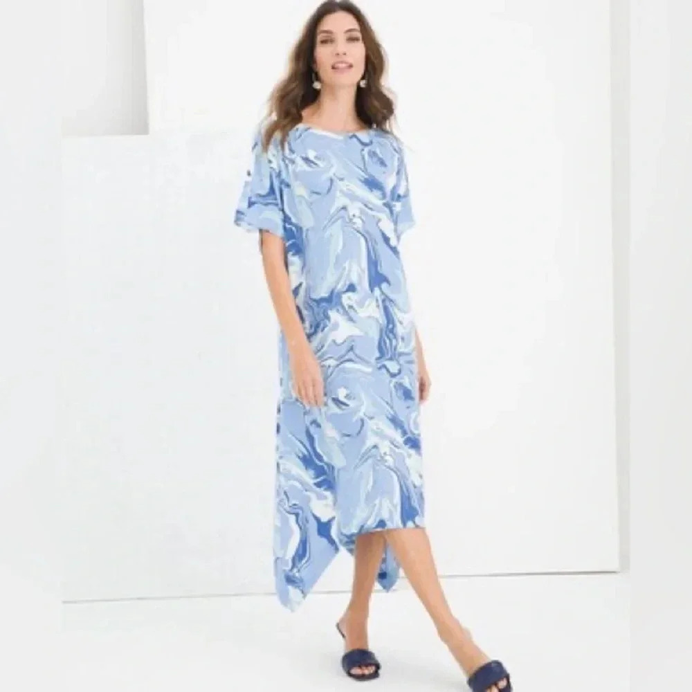 NWT Chicos Size 1 Painted Stone Midi Dress Marble Print Blue Lined Asymmetrical